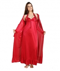 Romaisa Women`s Satin Lace Work Nightdress with Robe (Size - Small, Medium, Large) (Pack of 2 Pcs) COLOUR : FIRE BRICK