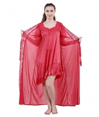 Romaisa Women`s Satin Lace Work Nightdress with Robe (Size - Small, Medium, Large) (Pack of 2 Pcs) COLOUR : LIGHT CORAL