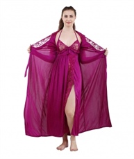 Romaisa Women`s Satin Lace Work Nightdress with Robe (Size - Small, Medium, Large) (Pack of 2 Pcs) COLOUR : MAGENTA