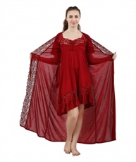 Romaisa Women`s Satin Lace Work Nightdress with Robe (Size - Small, Medium, Large) (Pack of 2 Pcs) COLOUR : MAROON