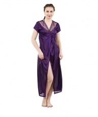 Romaisa Women`s Satin Nightwear Set of 4 Pcs Nighty, Wrap Gown, Bra & Thong (Free Size) (Pack of 4) COLOUR : WINE