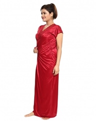 Romaisa Women`s Satin Nightwear Set of 4 Pcs Nighty, Wrap Gown, Top, Capri (Size - Small, Medium, Large) (Pack of 4) COLOUR : MAROON