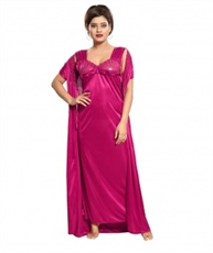 Romaisa Women`s Satin Nightwear Set of 4 Pcs Nighty, Wrap Gown, Top, Capri (Size - Small, Medium, Large) (Pack of 4) COLOUR : MAGENTA