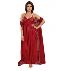 Romaisa Women`s Satin Nightwear Set of 6 Pcs Nighty, Wrap Gown, Top, Capri, Bra & Thong (Free Size) (Pack of 6) COLOUR : ALICE MAROON