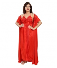 Romaisa Women`s Satin Nightwear Set of 6 Pcs Nighty, Wrap Gown, Top, Capri, Bra & Thong (Free Size) (Pack of 6) COLOUR : RED