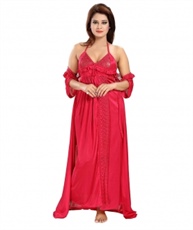 Romaisa Women`s Satin Nightwear Set of 6 Pcs Nighty, Wrap Gown, Top, Capri, Bra & Thong (Size - Small, Medium, Large) (Pack of 6) COLOUR : CRIMSON RED