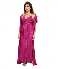 Romaisa Women`s Satin Nightwear Set of 6 Pcs Nighty, Wrap Gown, Top, Capri, Bra & Thong (Size - Small, Medium, Large) (Pack of 6) COLOUR : DARK MAGENTA