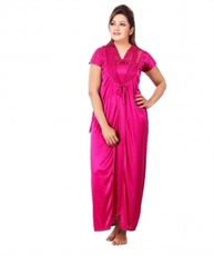 Romaisa Women`s Satin Nighty, Wrap Gown, Top, Pajama, Bra and Thong (Free Size) (Pack of 6) COLOUR : MAGENTA