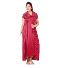 Romaisa Women`s Satin Nighty, Wrap Gown, Top, Pajama, Bra and Thong (Free Size) (Pack of 6) COLOUR : MAROON