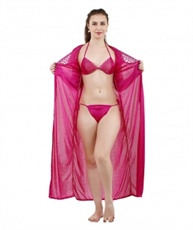 Romaisa Women`s Satin Nighty, Wrap Gown, Top, Pajama, Bra and Thong (Free Size) (Pack of 6) COLOUR : PALE VIOLET RED