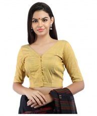 Silk Slub Yellow and Blue Dual Tone Non-Padded Blouse in V-Neck With Front Hook Closure (COLOUR : YELLOW)