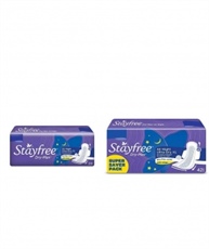 Stayfree Dry Max All Night Sanitary napkins (28 Count) & All Night XL Dry Max Cover Sanitary Napkins - 42 Pads (Super Saver Pack) Combo