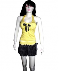 Striped, Polka Print Women Swim-dress Yellow, Black Swimsuit