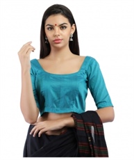 Teal Blue Silk Slub U-Neck Blouse with Hook Closure on Front(COLOUR : TEAL BLUE)