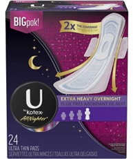 U by Kotex AllNighter Ultra Thin Overnight Pads with Wings, Extra Heavy Flow, Fragrance-Free, 72 Count