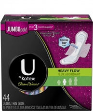 U by Kotex Clean wear Ultra Thin Heavy Flow Pads With Wings, Unscented, 44 Count