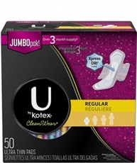 U by Kotex CleanWear Ultra Thin Pads with Wings, Regular, Unscented, 50 Count