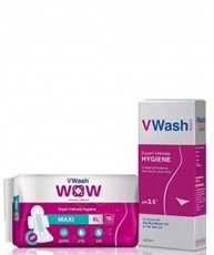 VWash Plus 200ml & Wow Maxi Thin Sanitary Napkin - 16 Pieces (Extra Large) Combi Pack