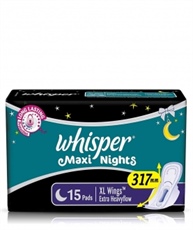 Whisper Maxi Overnight Sanitary Pads - XL Wings (15 Count)