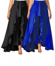 Women`s/Girls Crepe Solid Tie-Waist Layered/Ruffle Skirt Palazzo(black&blue)