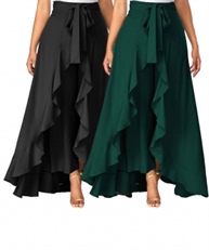 Women`s/Girls Crepe Solid Tie-Waist Layered/Ruffle Skirt Palazzo (black&dark green)