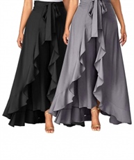 Women`s/Girls Crepe Solid Tie-Waist Layered/Ruffle Skirt Palazzo(black&grey)