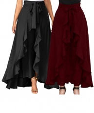 Women`s/Girls Crepe Solid Tie-Waist Layered/Ruffle Skirt Palazzo(black&maroon)