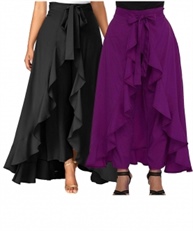 Women`s/Girls Crepe Solid Tie-Waist Layered/Ruffle Skirt Palazzo(black&purple)