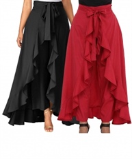 Women`s/Girls Crepe Solid Tie-Waist Layered/Ruffle Skirt Palazzo(black&red)