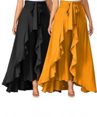 Women`s/Girls Crepe Solid Tie-Waist Layered/Ruffle Skirt Palazzo(black&yellow)