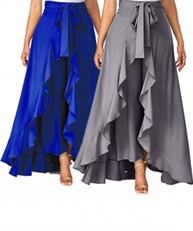 Women`s/Girls Crepe Solid Tie-Waist Layered/Ruffle Skirt Palazzo(blue&grey)