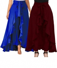 Women`s/Girls Crepe Solid Tie-Waist Layered/Ruffle Skirt Palazzo(blue&maroon)