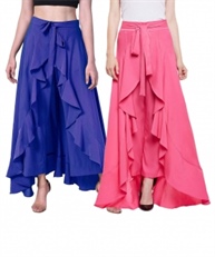 Women`s/Girls Crepe Solid Tie-Waist Layered/Ruffle Skirt Palazzo(blue&pink)