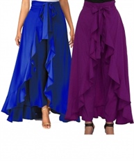 Women`s/Girls Crepe Solid Tie-Waist Layered/Ruffle Skirt Palazzo(blue&purple)