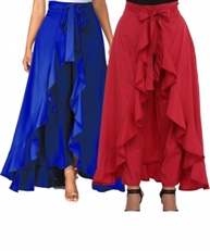 Women`s/Girls Crepe Solid Tie-Waist Layered/Ruffle Skirt Palazzo(blue&red)