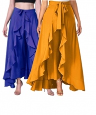 Women`s/Girls Crepe Solid Tie-Waist Layered/Ruffle Skirt Palazzo(blue&yellow)