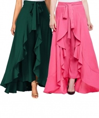 Women`s/Girls Crepe Solid Tie-Waist Layered/Ruffle Skirt Palazzo(dark green&pink)