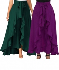 Women`s/Girls Crepe Solid Tie-Waist Layered/Ruffle Skirt Palazzo(dark green&purple)