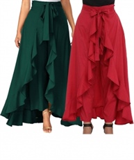 Women`s/Girls Crepe Solid Tie-Waist Layered/Ruffle Skirt Palazzo(dark green&red)