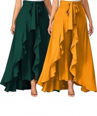 Women`s/Girls Crepe Solid Tie-Waist Layered/Ruffle Skirt Palazzo(dark green&yellow)