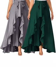 Women`s/Girls Crepe Solid Tie-Waist Layered/Ruffle Skirt Palazzo(dark green&grey)