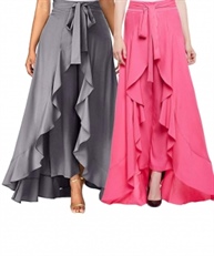 Women`s/Girls Crepe Solid Tie-Waist Layered/Ruffle Skirt Palazzo(grey&pink)