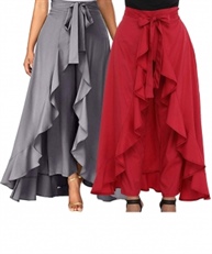 Women`s/Girls Crepe Solid Tie-Waist Layered/Ruffle Skirt Palazzo(grey&red)