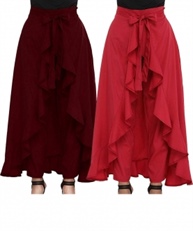 Women`s/Girls Crepe Solid Tie-Waist Layered/Ruffle Skirt Palazzo(maroon&red)