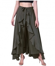 Women`s Layered/Ruffle Palazzo with One Waist Band and Side Zipper(dark green)