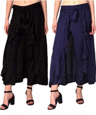 Women`s Rayon Flared Ruffle Palazzo (Pack of 2)(black&blue)