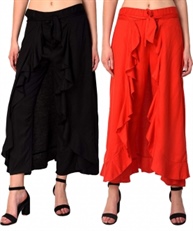 Women`s Rayon Flared Ruffle Palazzo (Pack of 2)(black&light red)