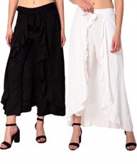 Women`s Rayon Flared Ruffle Palazzo (Pack of 2)(black&white)