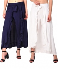 Women`s Rayon Flared Ruffle Palazzo (Pack of 2)(navy blue &white)