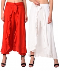 Women`s Rayon Flared Ruffle Palazzo (Pack of 2)(red&white)